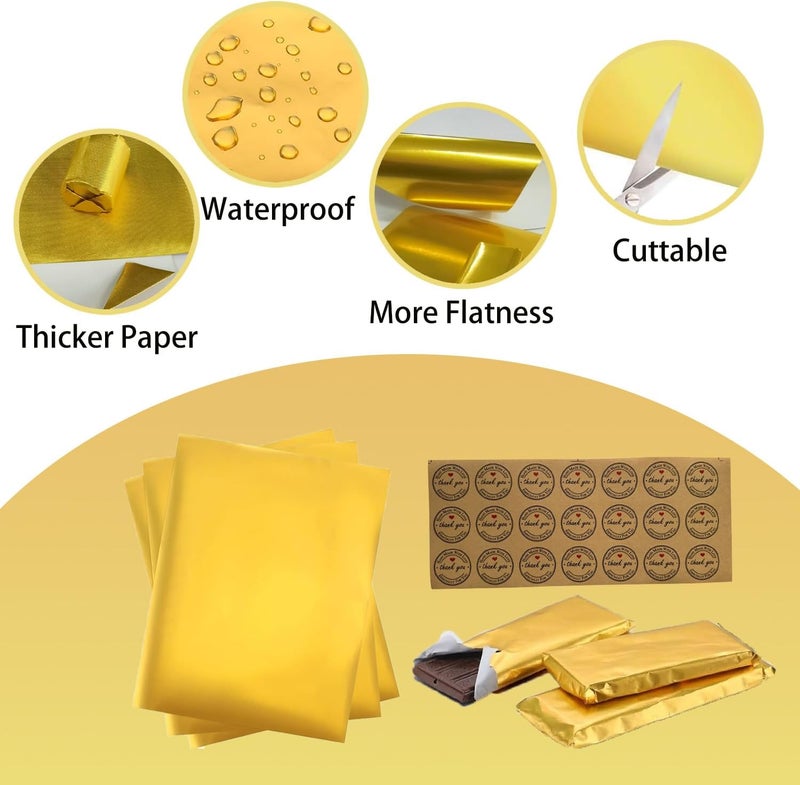 XPMBF Chocolate Bar Wrappers Gold Foil Sheets Candy Bar Wrappers, with Thick Paper Backing Foil Sheets for Food DIY Candies Wrapping Packing Gifts Coated waterproofs with 105Pcs Handmade Stickers - Image 4